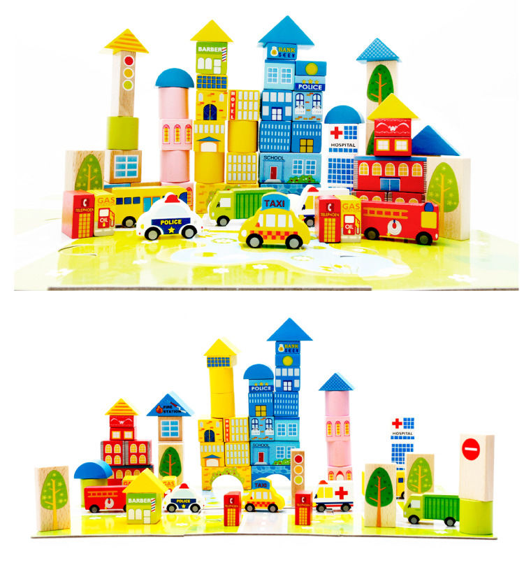 Thumbnail: 62-Piece City Traffic Wooden Building Blocks Set