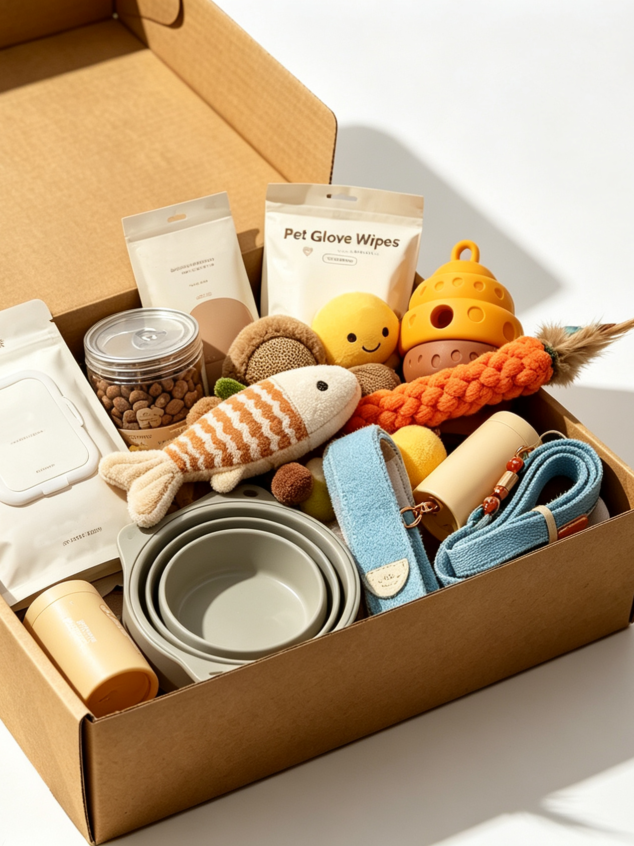 An open gift box of toys and treats