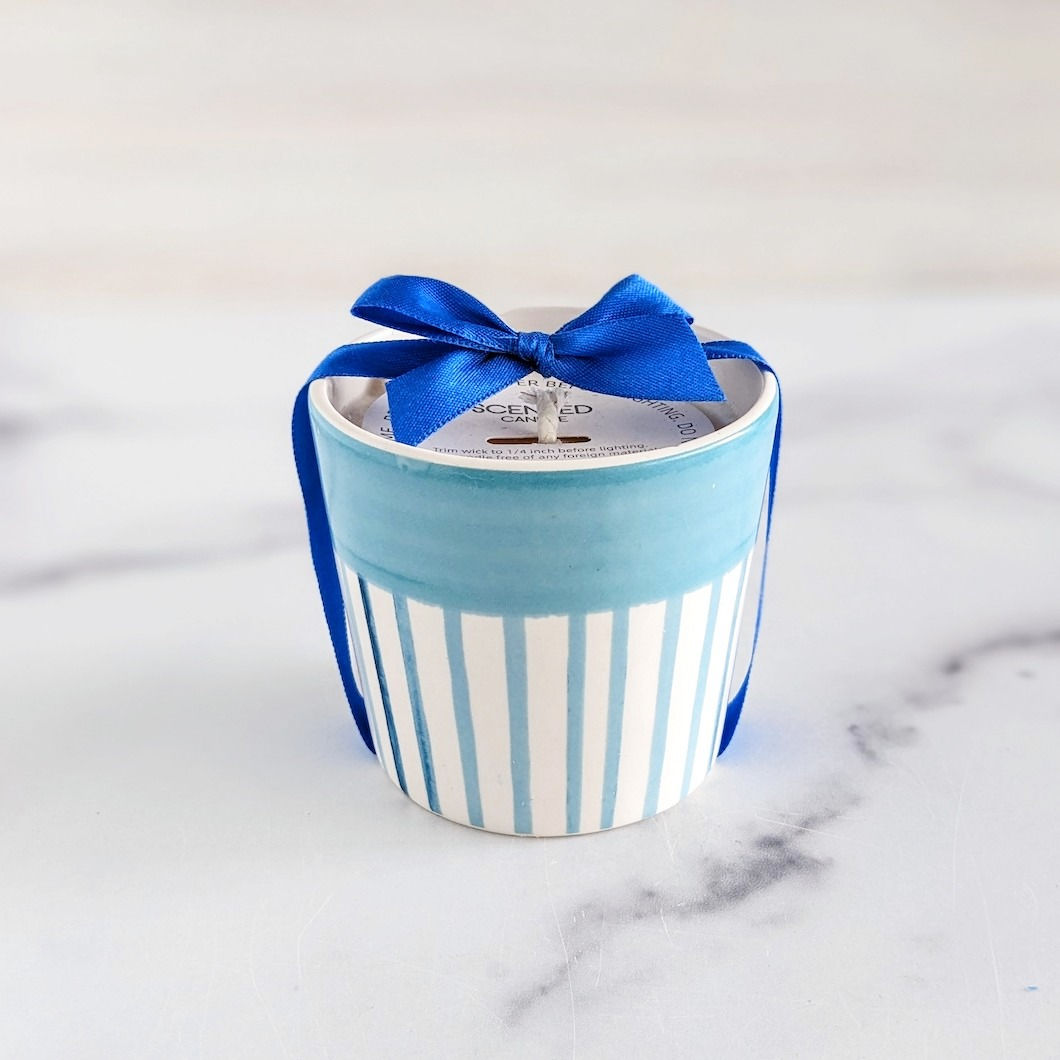 Coastal Stripe ceramic soy jar candle packaging view