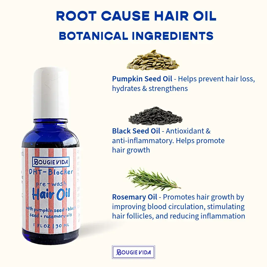 Root Cause DHT-blocking pre-wash hair oil ingredients infographic view