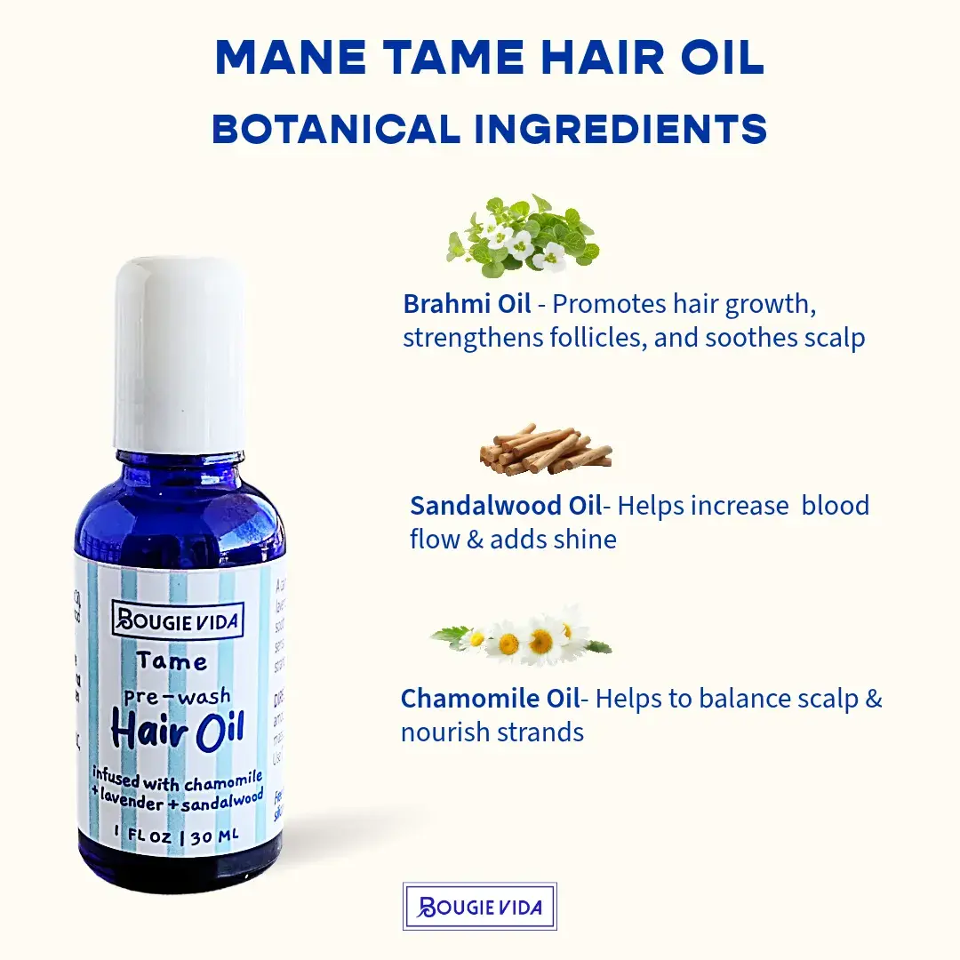 Mane Tame hair oil ingredients infographic view