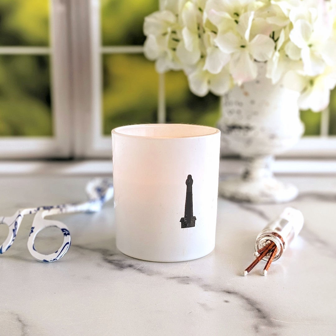 Wick trimmer and signature soy candle back view