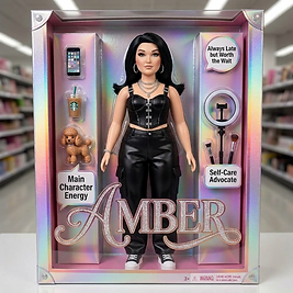 Ultra-realistic personalized Barbie-style adult collector fashion doll based on an exact facial reference, displayed head to toe inside a complete unopened premium retail package with glamorous styling, personally meaningful miniature accessories, small customized callouts, glitter-luxe foreground lighting and realistic collector-toy manufacturing.