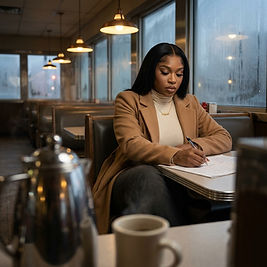 Female entrepreneur working on handwritten business plans inside an almost-empty city diner before sunrise, surrounded by coffee, chrome reflections, warm pendant lights, and cool blue predawn window light.