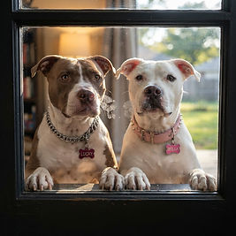 Ultra-realistic pet standing with its front paws naturally supported on a low window ledge and its nose gently pressed against the glass, surrounded by small realistic nose smudges while watching the softly blurred neighborhood outside.