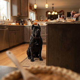Ultra-realistic pet sitting attentively on a kitchen mat and watching food preparation from several feet away, framed by a blurred wooden spoon and pie with warm cabinetry, autumn décor, window light, and glowing pendant lights.