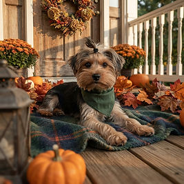 Ultra-realistic pet lying comfortably on a plaid blanket across a wooden fall-decorated front porch, wearing a simple dark green accessory and surrounded by pumpkins, autumn leaves, potted mums, a seasonal wreath, and warm late-afternoon sunlight.