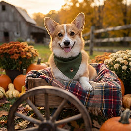 Ultra-realistic pet sitting proudly inside a rustic wooden wagon lined with a plaid blanket, wearing a mustard or deep green seasonal accessory and surrounded by pumpkins, mums, a barn, fencing, and glowing golden autumn trees at sunset