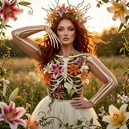 Photorealistic dark-fantasy fashion portrait of a glamorous feminine skeleton goddess in a golden-hour wildflower field, featuring external skeletal arm anatomy, an ornate rib cage overflowing with detailed lilies, dark brown windswept hair with subtle magenta accents, dramatic baddie makeup, an ivory tulle skirt, botanical crown, and layered lilies and vines framing the low-angle cinematic composition.