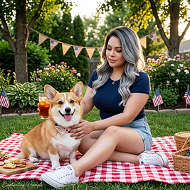 Photorealistic patriotic summer portrait of a person sitting on a backyard picnic blanket with their pet, surrounded by subtle red, white, and blue décor and warm summer greenery.