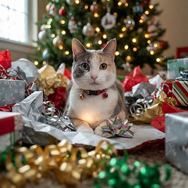 Ultra-realistic pet sitting innocently in the middle of a chaotic Christmas gift-wrapping station surrounded by crumpled tissue paper, loose ribbon, partially wrapped presents, and glowing holiday tree lights.