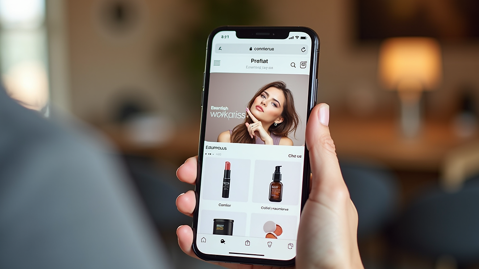 Close-up view of a smartphone showing an online beauty store homepage