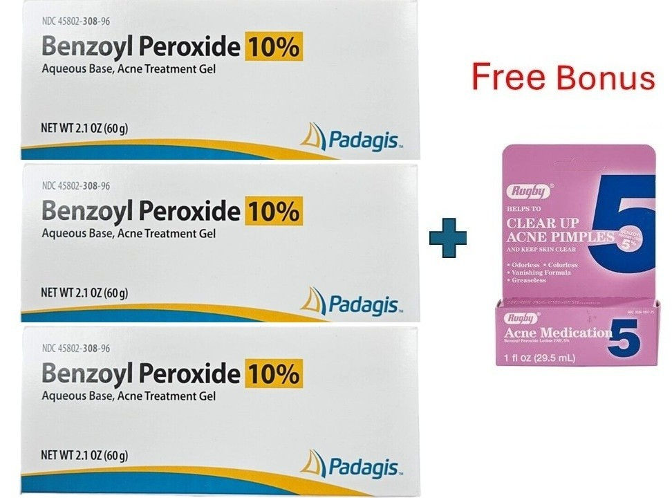 3 X Perrigo Benzoyl Peroxide 10% Acne Gel 2.1 oz (60gm) Exp 8/2027 + FREE BONUS