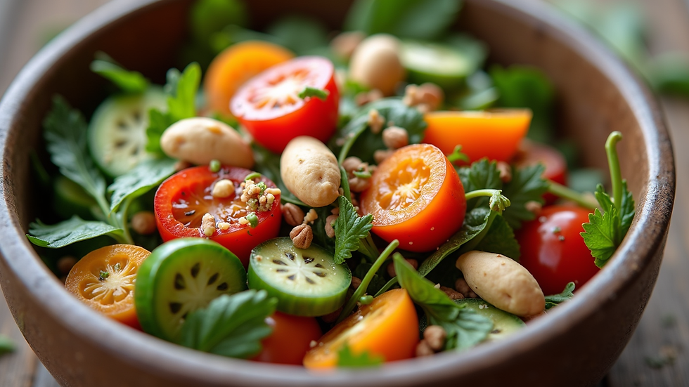 Eye-level view of a colorful bowl of mixed vegetables and nuts