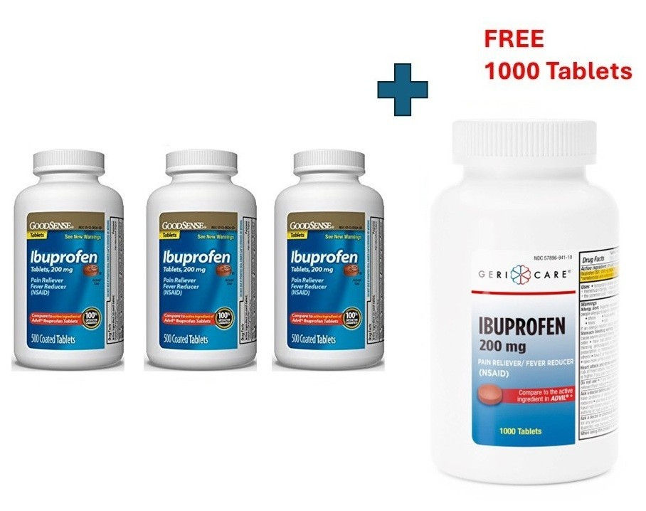 3 X Major Ibuprofen 200 mg Pain Reliever 500 Tablets + Bonus 1000 (Total 2500ct)