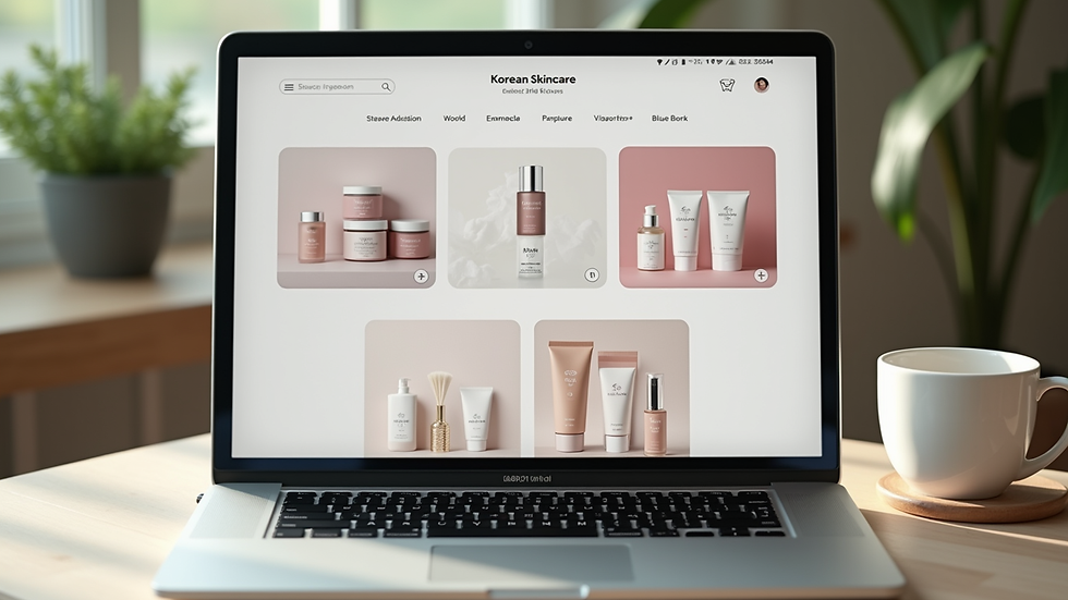 Close-up view of Korean skincare bottles arranged neatly on a white surface