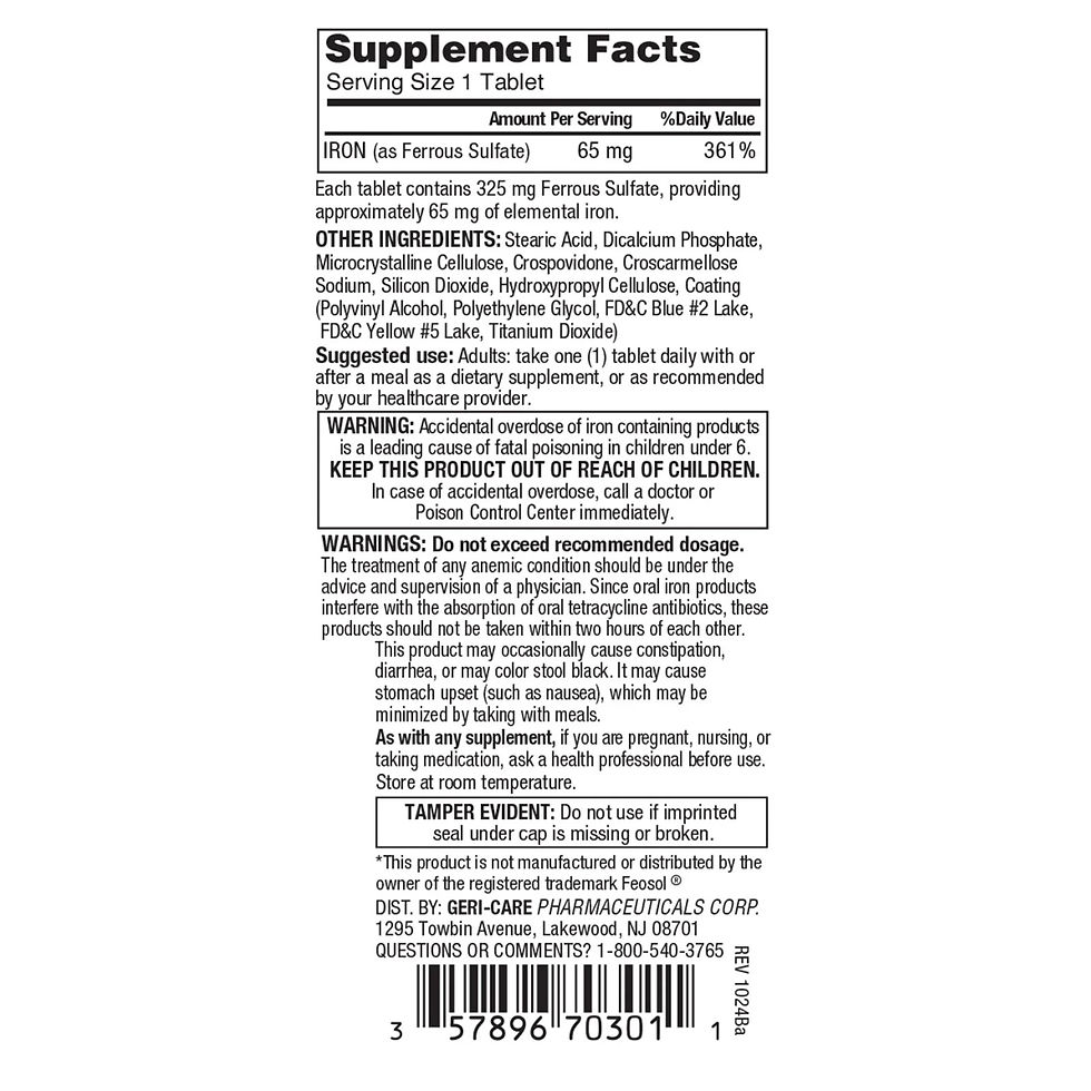 Thumbnail: 6 X Gericare Ferrous Sulfate 325mg Iron Supplement Tablet 100ct (Total 600)