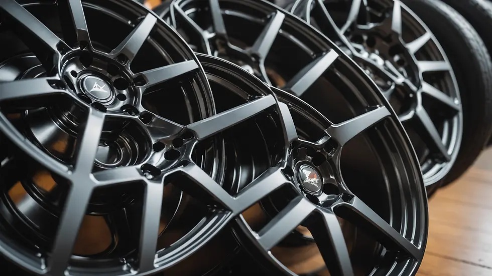 Close-up view of powder coated automotive wheels