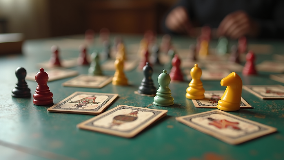 Close-up view of vintage board game pieces and cards on a table