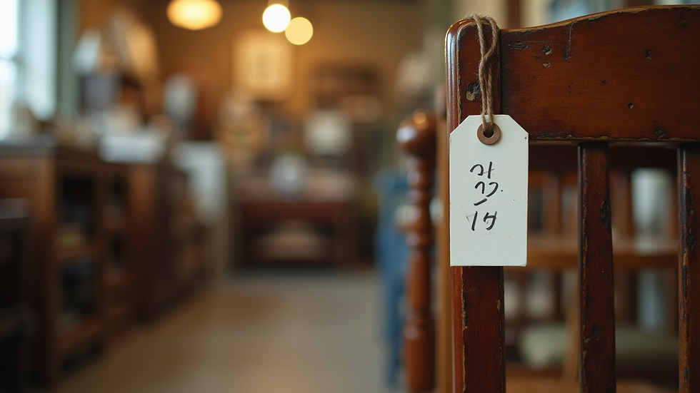 Close-up view of a price tag on a vintage chair in a consignment store