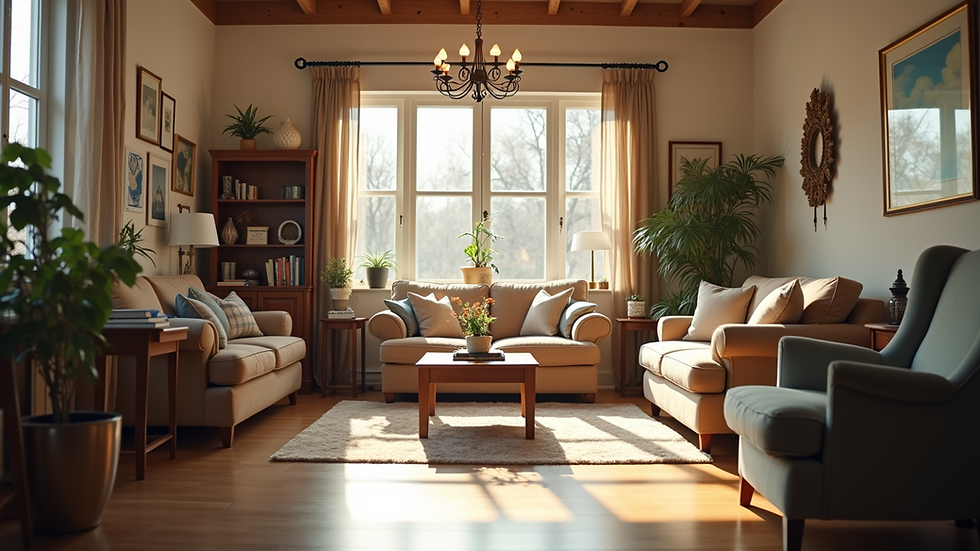 Eye-level view of a cozy consignment shop with neatly arranged furniture and decor