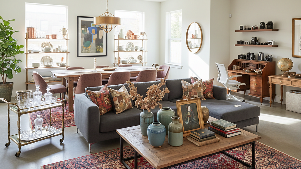 Eye-level view of a beautifully organized estate sale setup with vintage furniture and decor