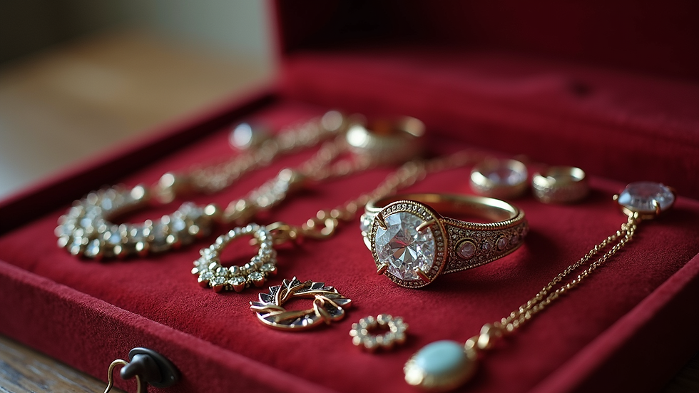 Close-up view of vintage jewelry displayed on velvet cloth