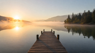 Ruhiger See mit Holzsteg im Morgenlicht als Symbol für Liquidität, Sicherheit und langfristige Perspektive.