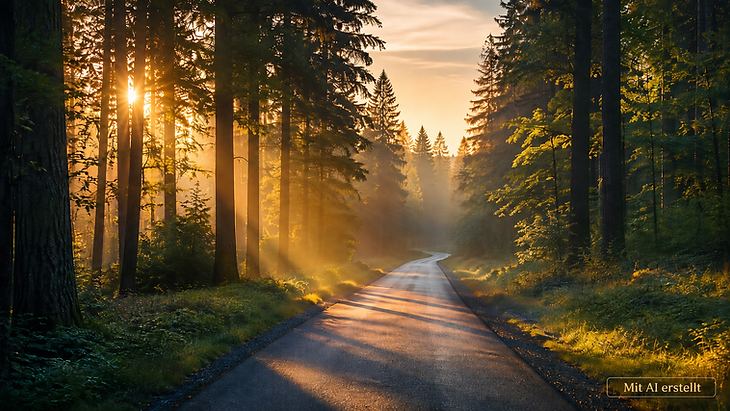 Waldstraße im warmen Morgenlicht als Symbol für langfristige Perspektive und Zeit bei der Geldanlage.