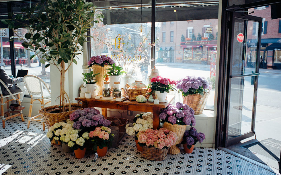 Flower shop interior with colorful floral arrangements.