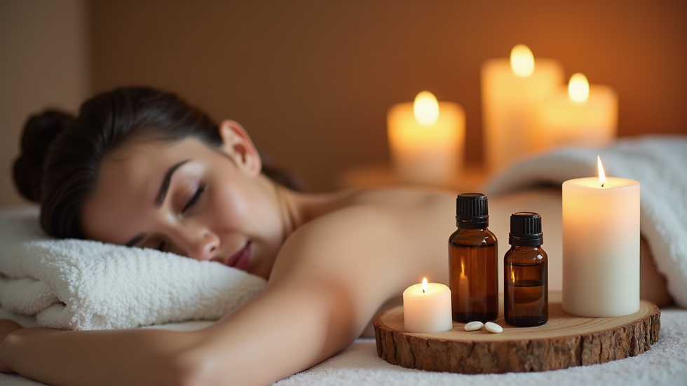 Close-up view of massage table with calming candles and essential oils