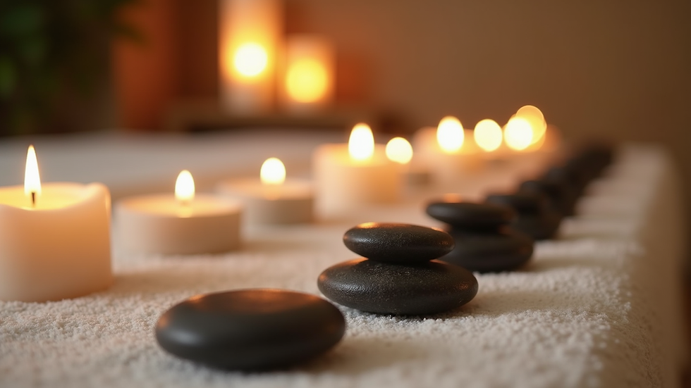 Eye-level view of massage table with smooth stones and candles