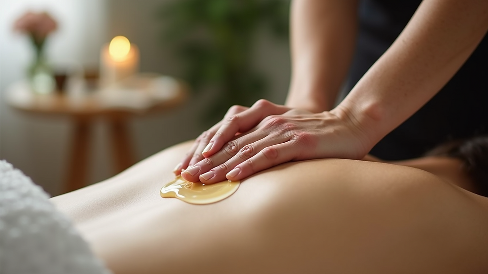 Close-up view of massage therapist applying oil to a client’s back
