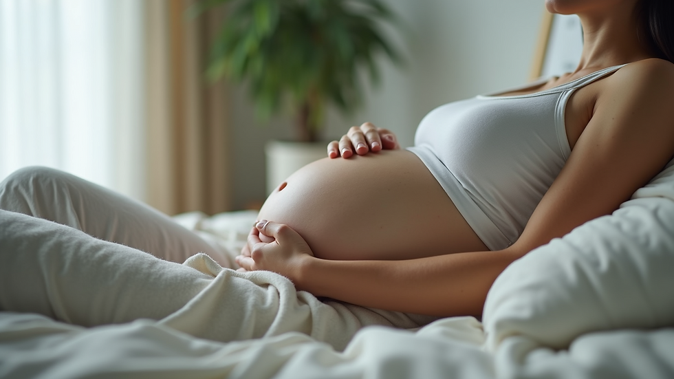Close-up view of a pregnant woman lying on her side with pillows supporting her belly