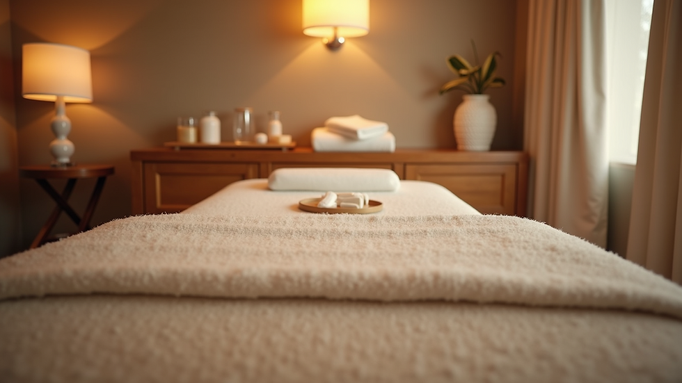 Eye-level view of a massage table set up in a calm spa room