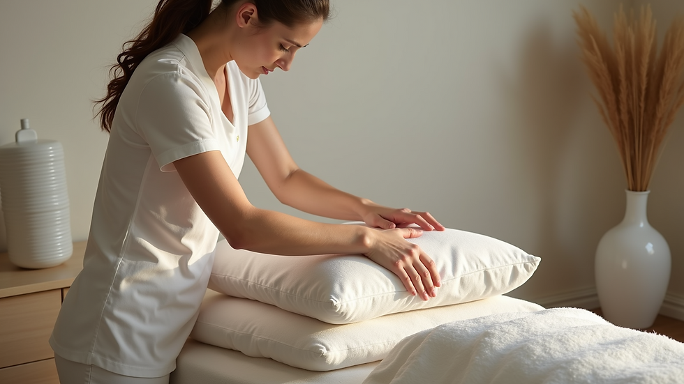 High angle view of a massage therapist preparing pillows and bolsters for a prenatal massage