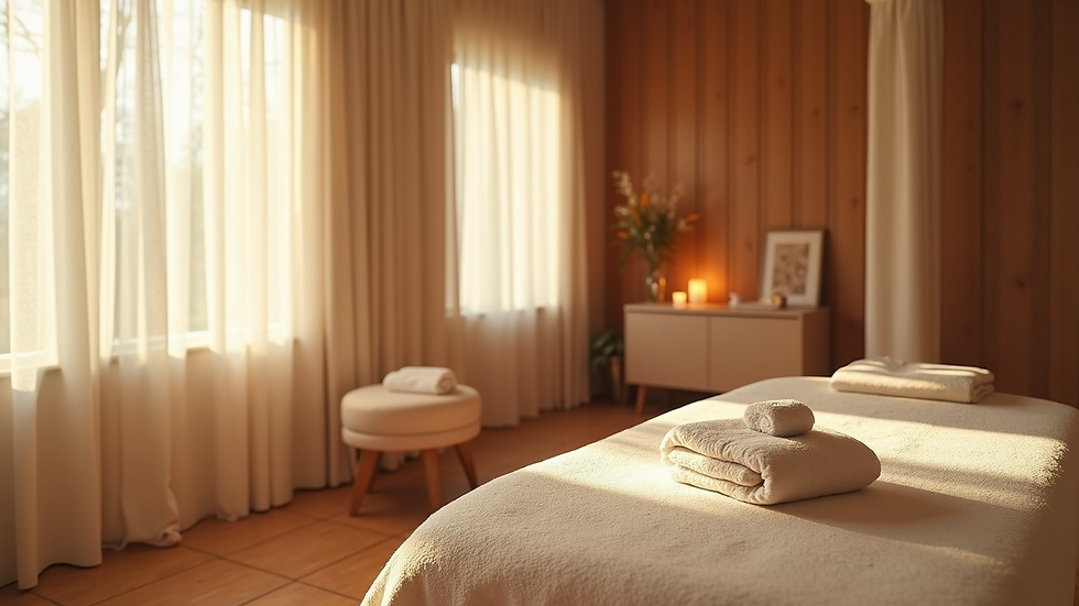 High angle view of peaceful spa room with massage table and soft lighting