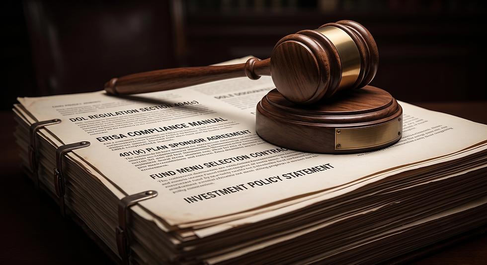 Wooden gavel on a stack of legal papers; visible headings include Investment Policy Statement and ERISA Compliance Manual.