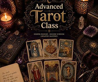Tarot spread arranged elegantly on a mystical table with cards, candles, crystals, and ric