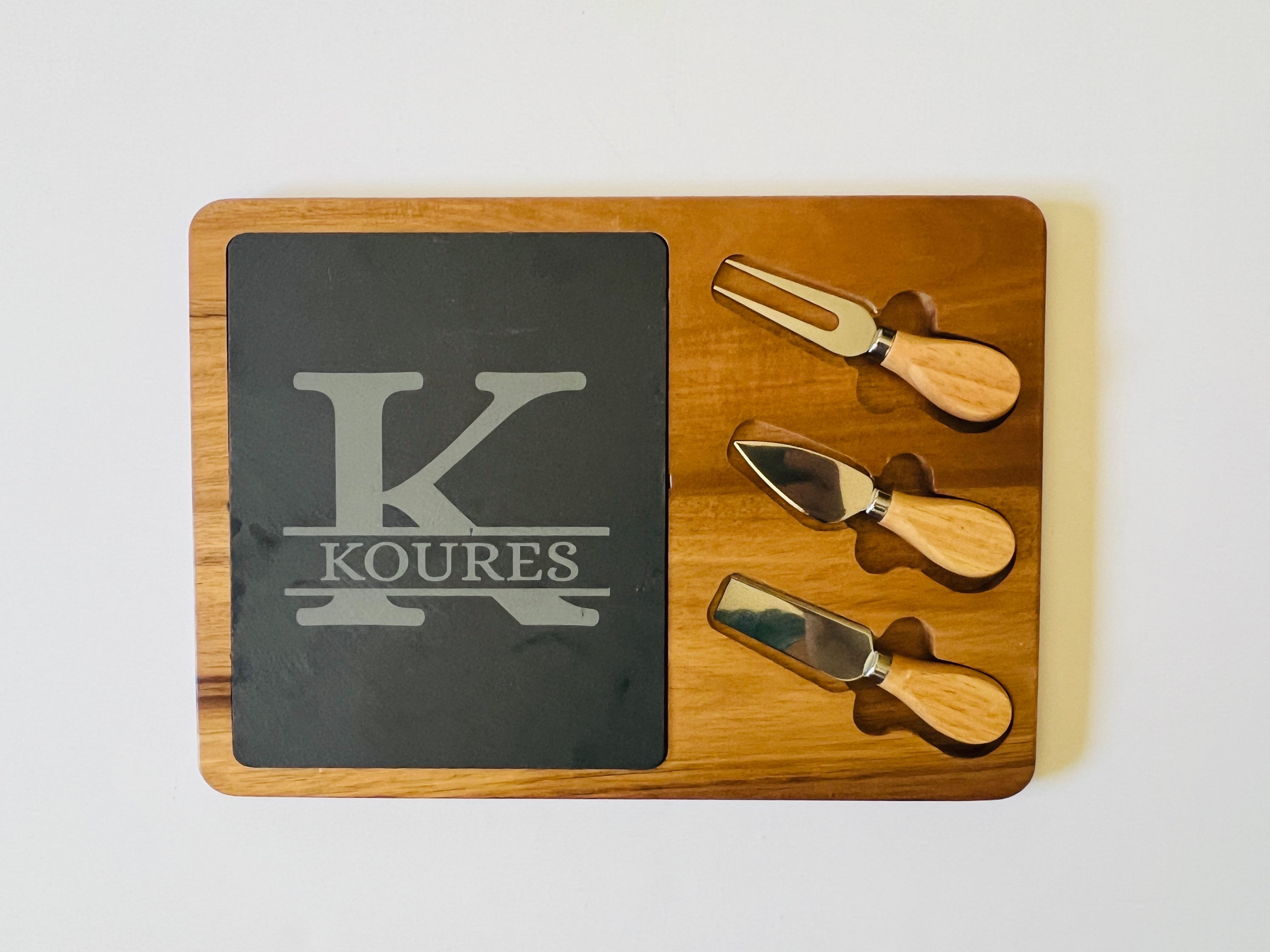 Personalized  Monogrammed Slate and Acacia Wood Cheese board 3 piece set