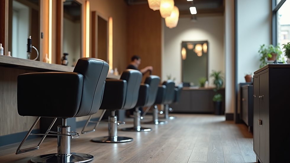 Eye-level view of a modern salon chair and styling station