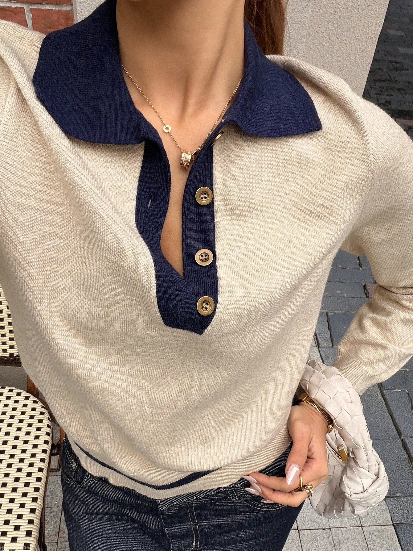 Korean Style Color Block Polo Neck Knitwear Women's Slim Fit Long Sleeve Base Sh
