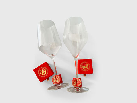 double happiness, faux leather trim, wedding favours.