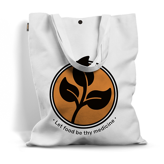 Canvas Tote Bag Mockup with adapted WMN logo in the centre, copper background and black plant, text 'Let food be thy medicine' underneath