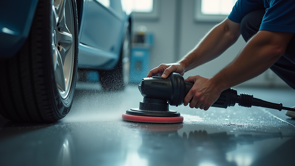 Eye-level view of a car being polished with a dual-action polisher