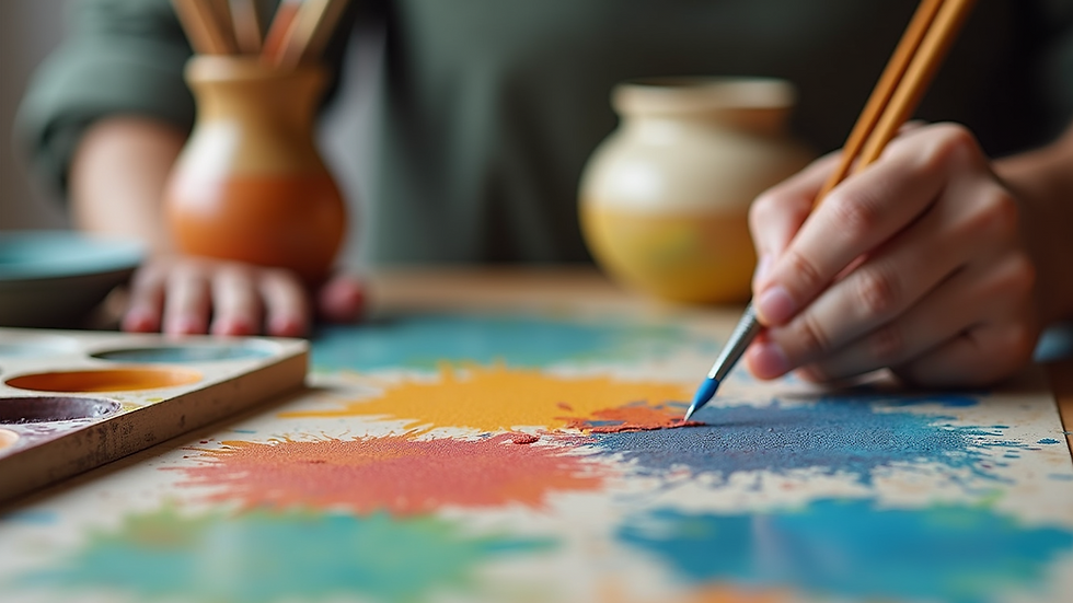 Eye-level view of a colorful pottery painting setup with various paints and brushes