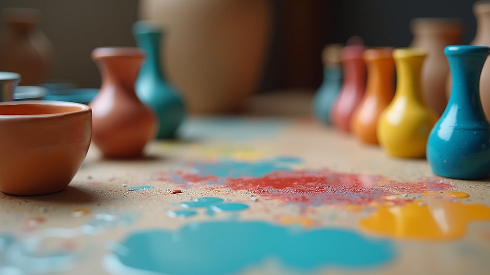 Eye-level view of a pottery painting setup with colorful paints and pottery pieces