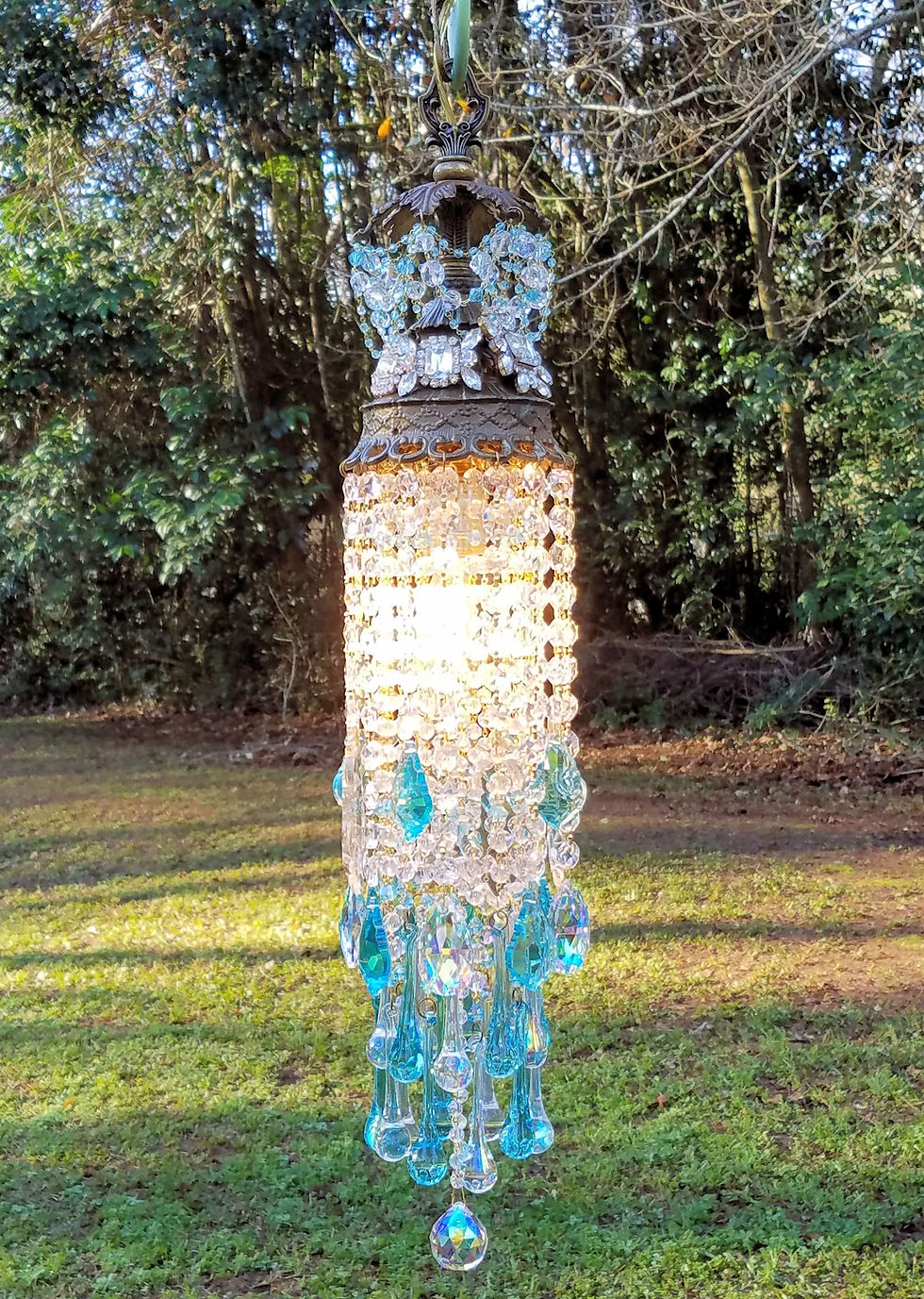 Thumbnail: Jeweled Aqua Waterfall Crystal Pendant Chandelier