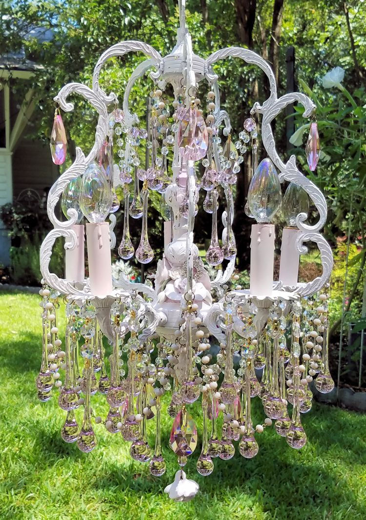 Thumbnail: Antique Pale Pink Birdcage Roses Chandelier