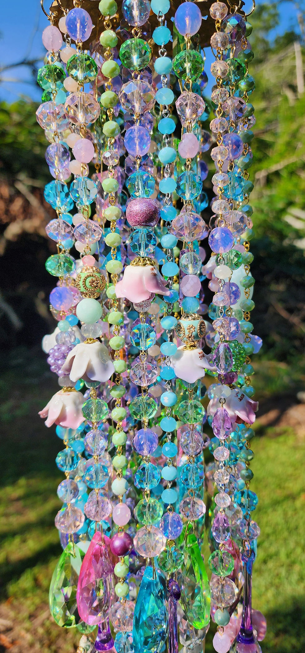 Thumbnail: Pastels Antique Crystal Wind Chime with Vintage Porcelain Roses